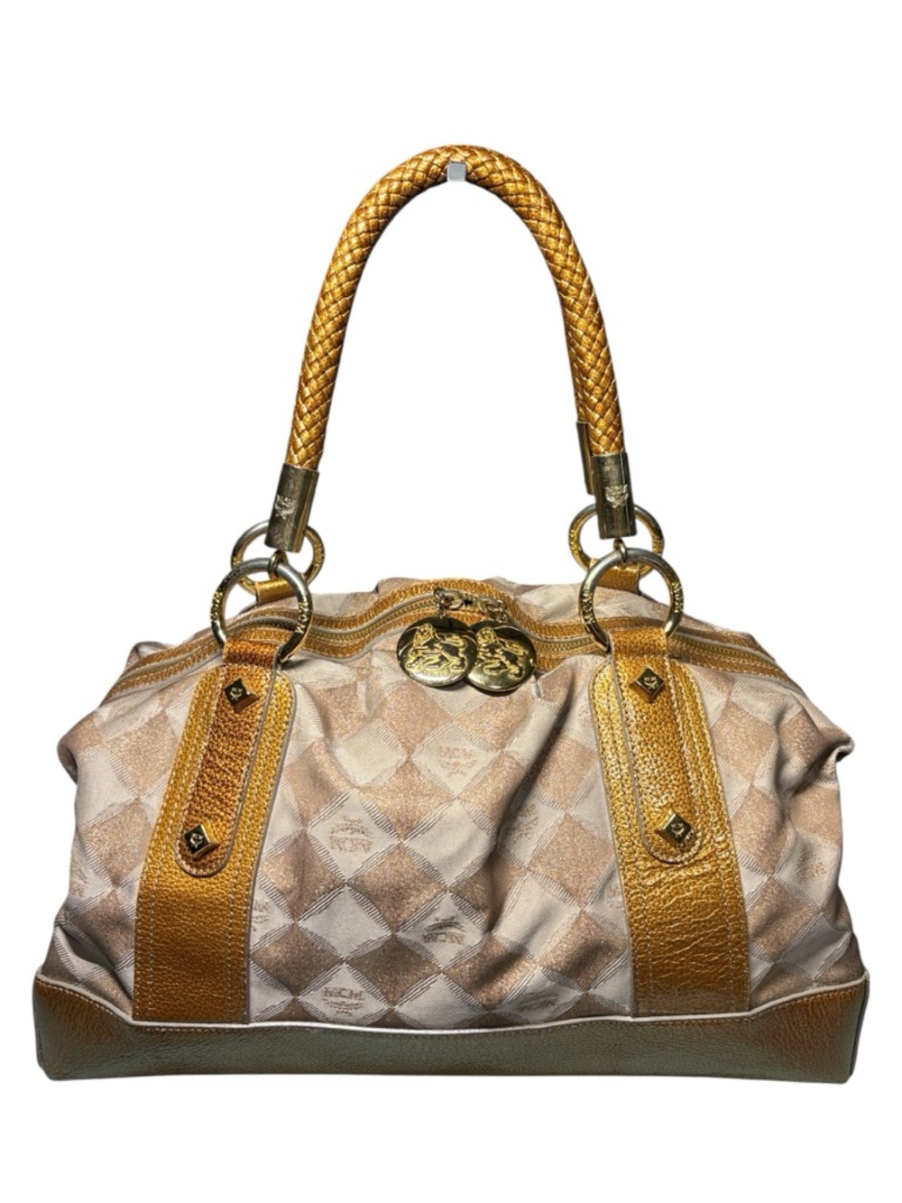 MCM Diamond Visetos Jacquard Satchel Metallic Gold Leather Monogram Bag